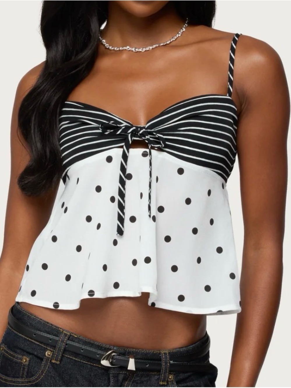 Edikted Black & White Polka Dot Tie-Front Cami